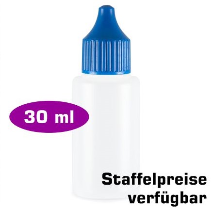 30ml runde Leerflasche aus HD LDPE transparent milchig Verschluß blau