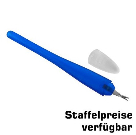 Nagelhautmesser mit Löffelspitze V-Form in blau-transparent mit Schutzkappe